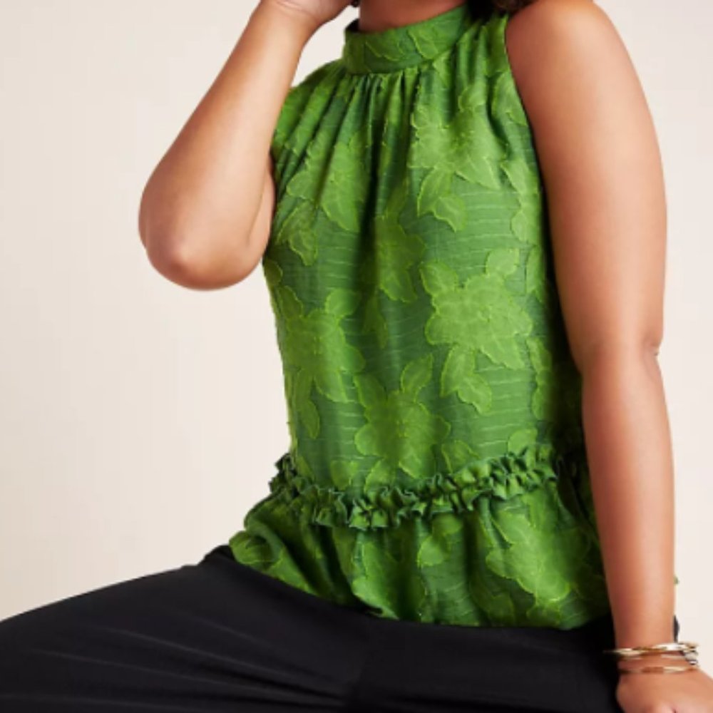 Anthropologie Green Floral Lace Peplum Shell Top